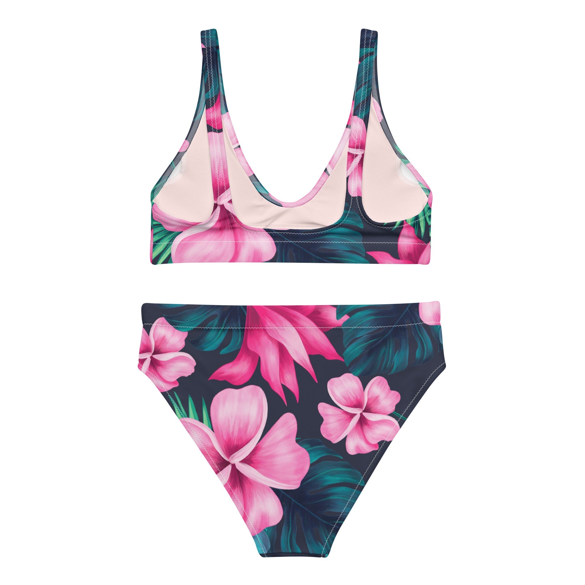 Recycled High-Waisted Bikini Swimsuit Pink Green Floral