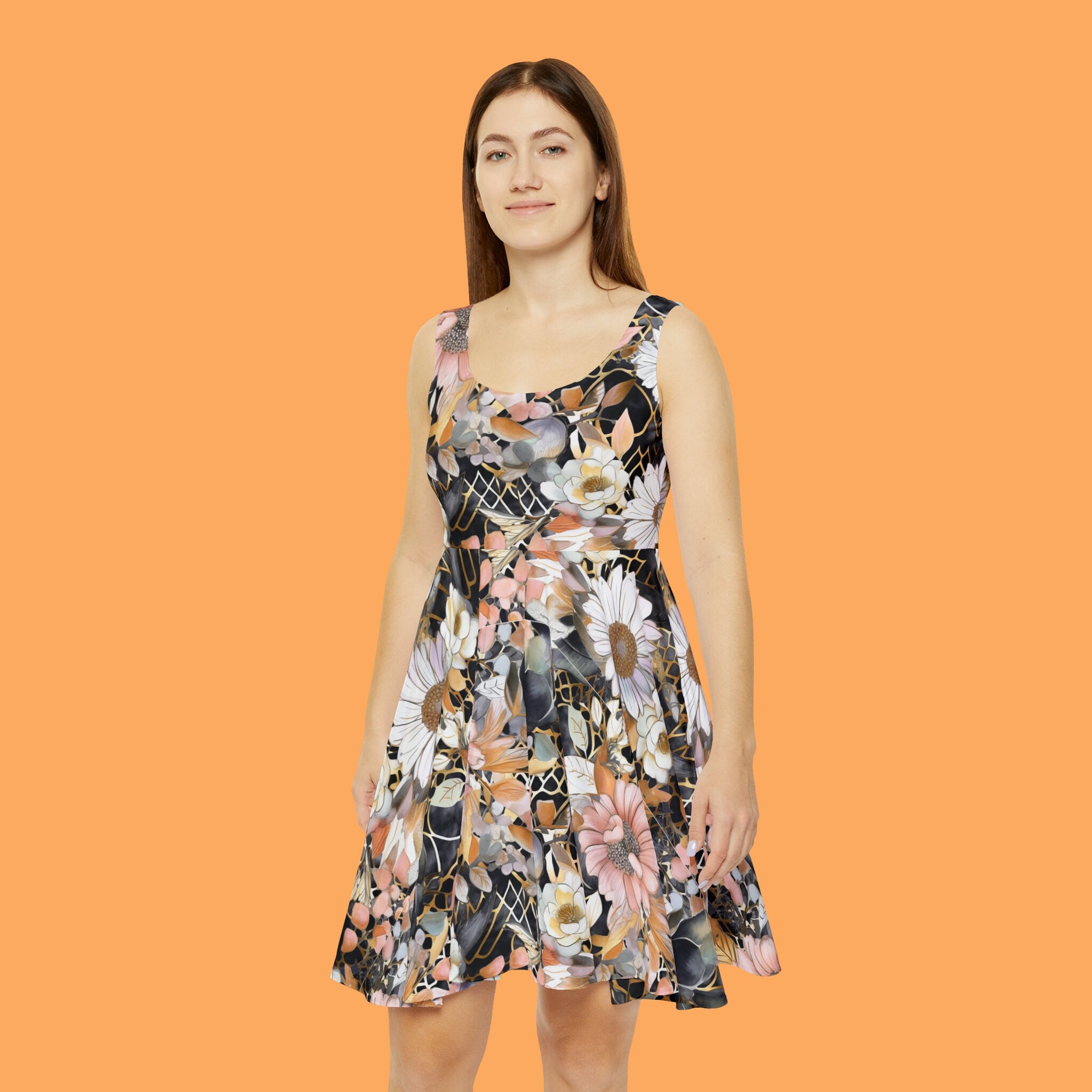 Women's Skater Dress (AOP) Black Pink White Floral