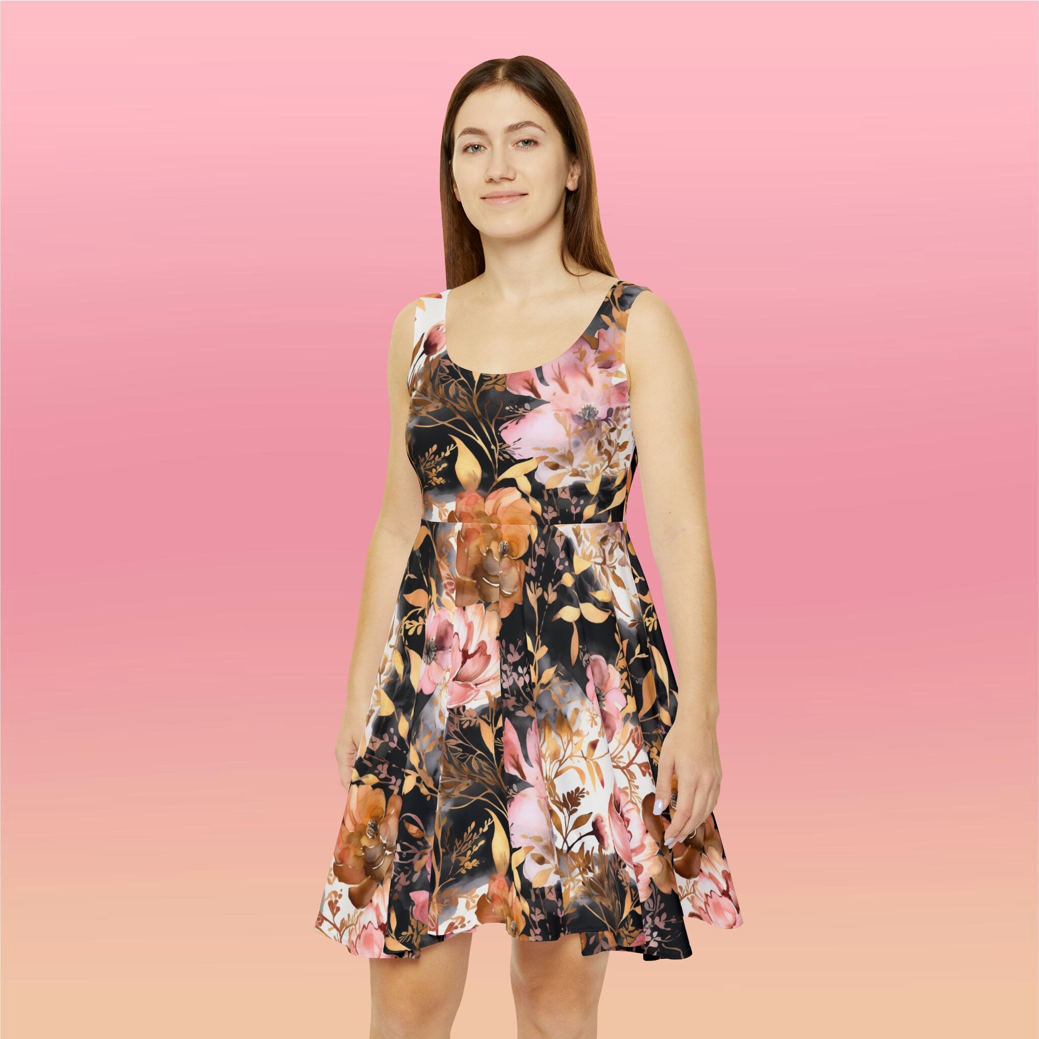 Women's Skater Dress (AOP) Yellow Pink Orange Black Floral