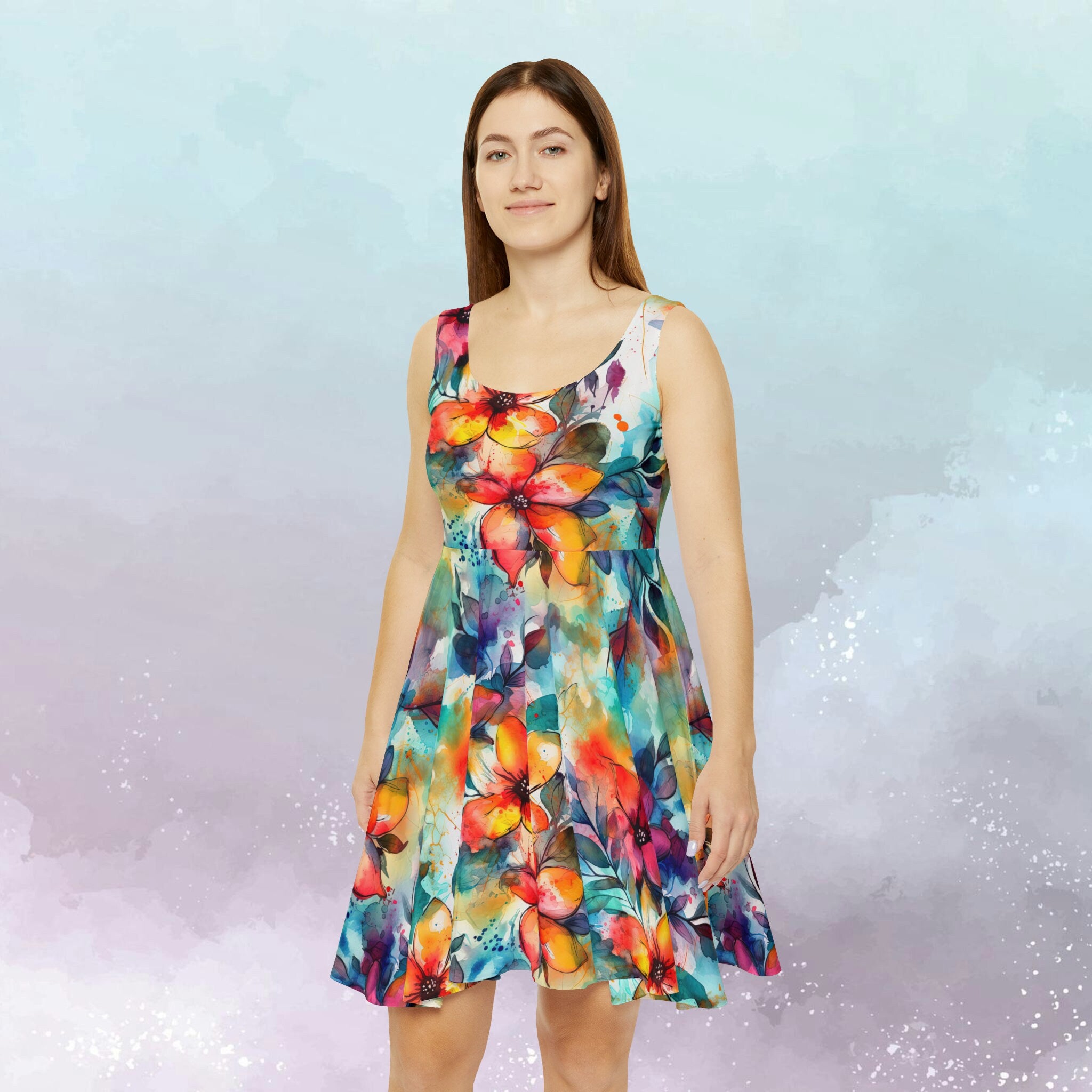 Women's Skater Dress (AOP) Vibrant Floral Blue Orange Yellow