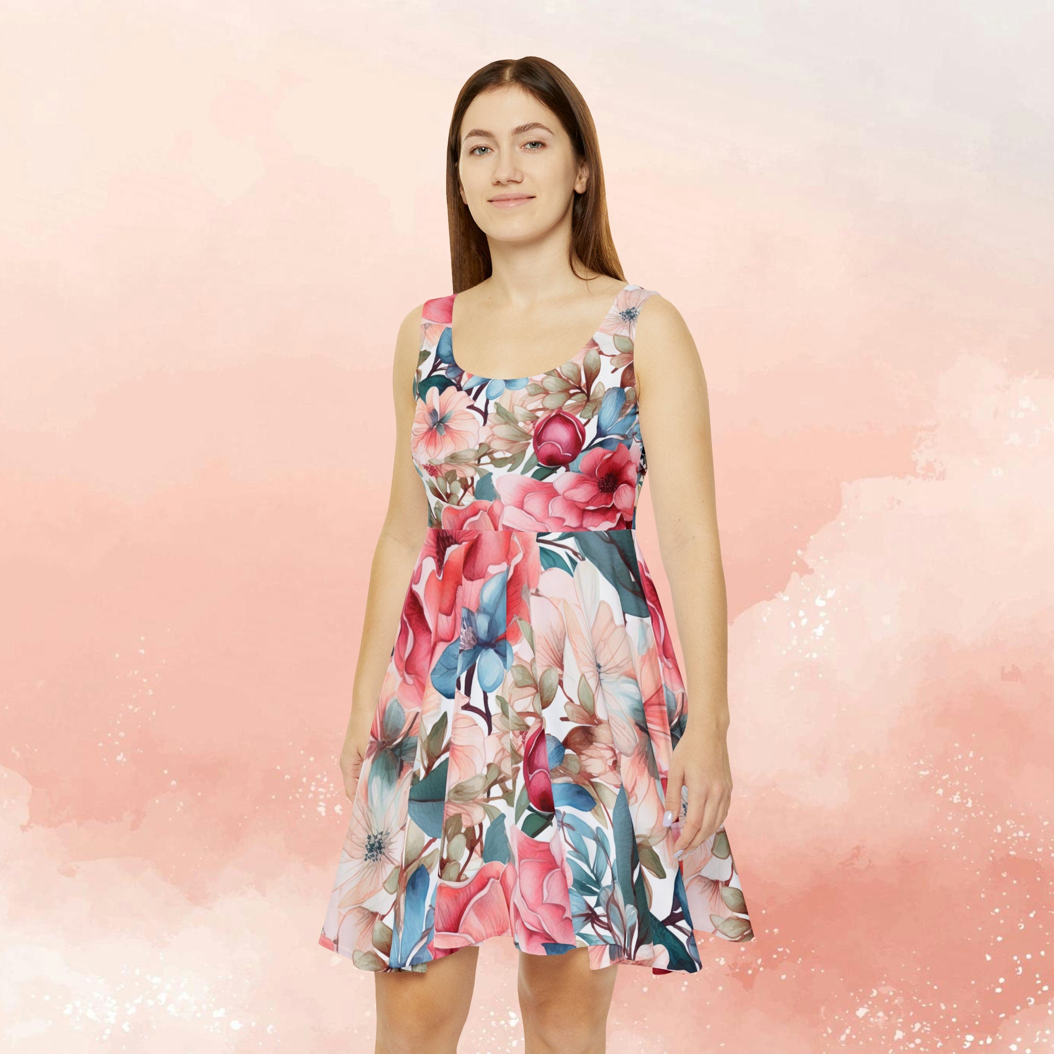 Woman's Elegant Polyester Spandex Skater Dress with Lovely Floral Design