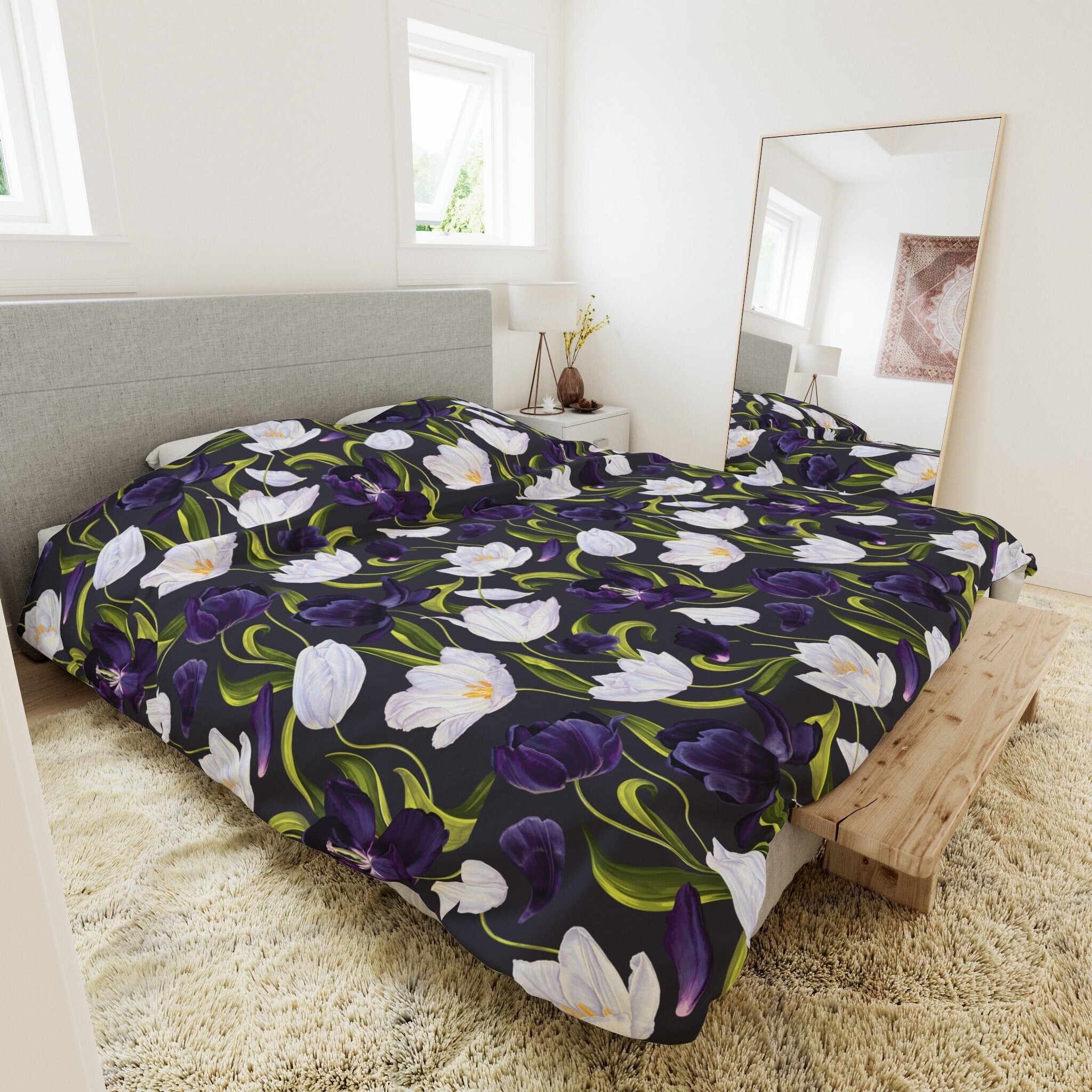 Purple White Black Floral Duvet Cover Polyester Microfiber