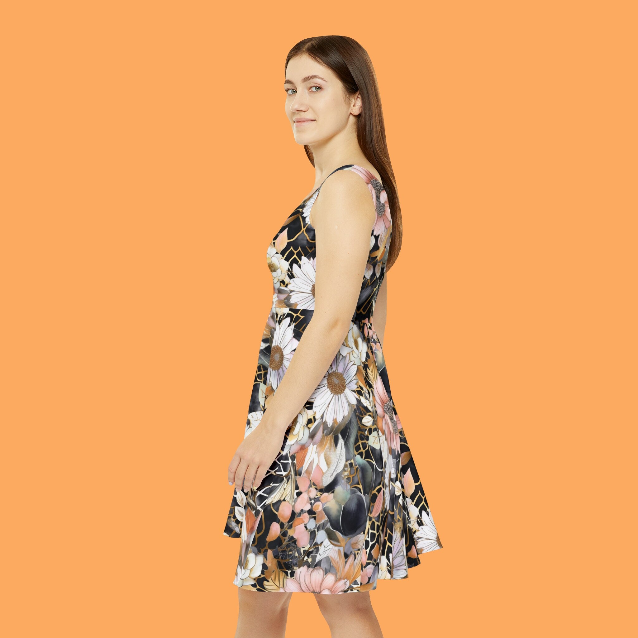 Women's Skater Dress (AOP) Black Pink White Floral
