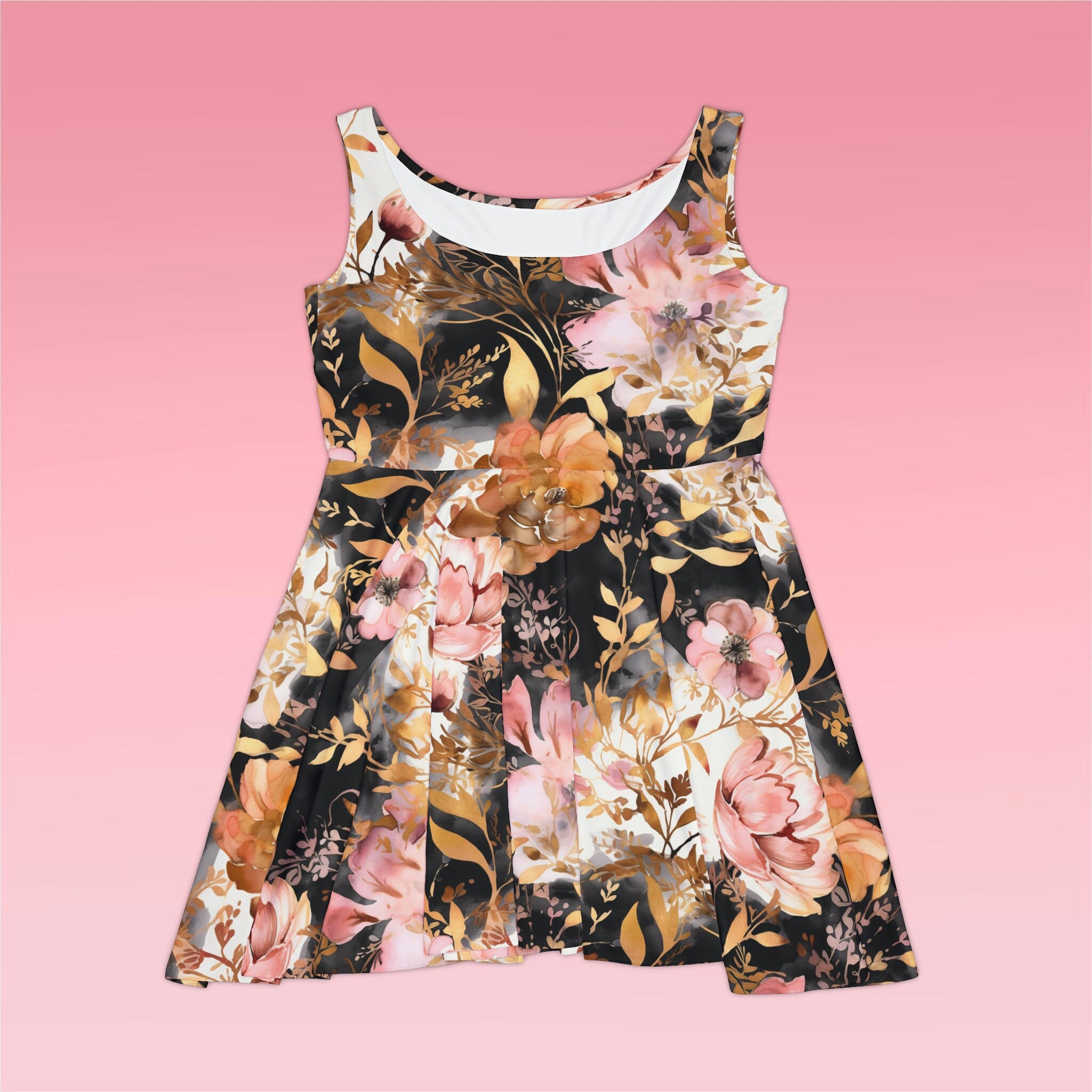 Women's Skater Dress (AOP) Yellow Pink Orange Black Floral