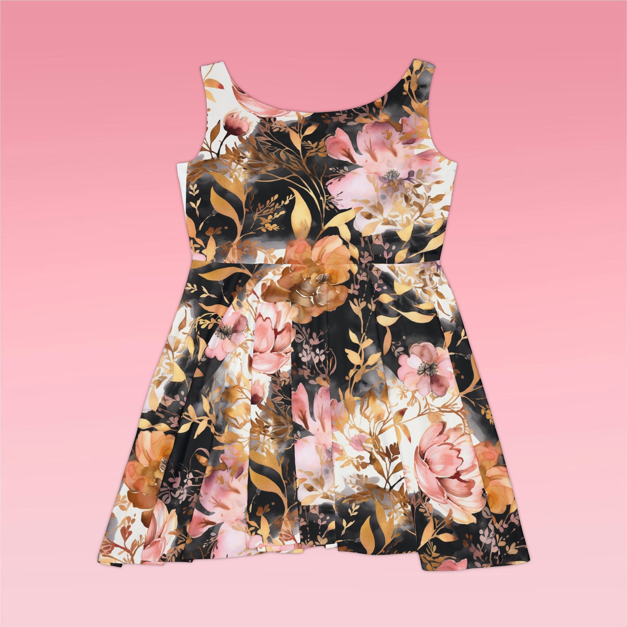 Women's Skater Dress (AOP) Yellow Pink Orange Black Floral