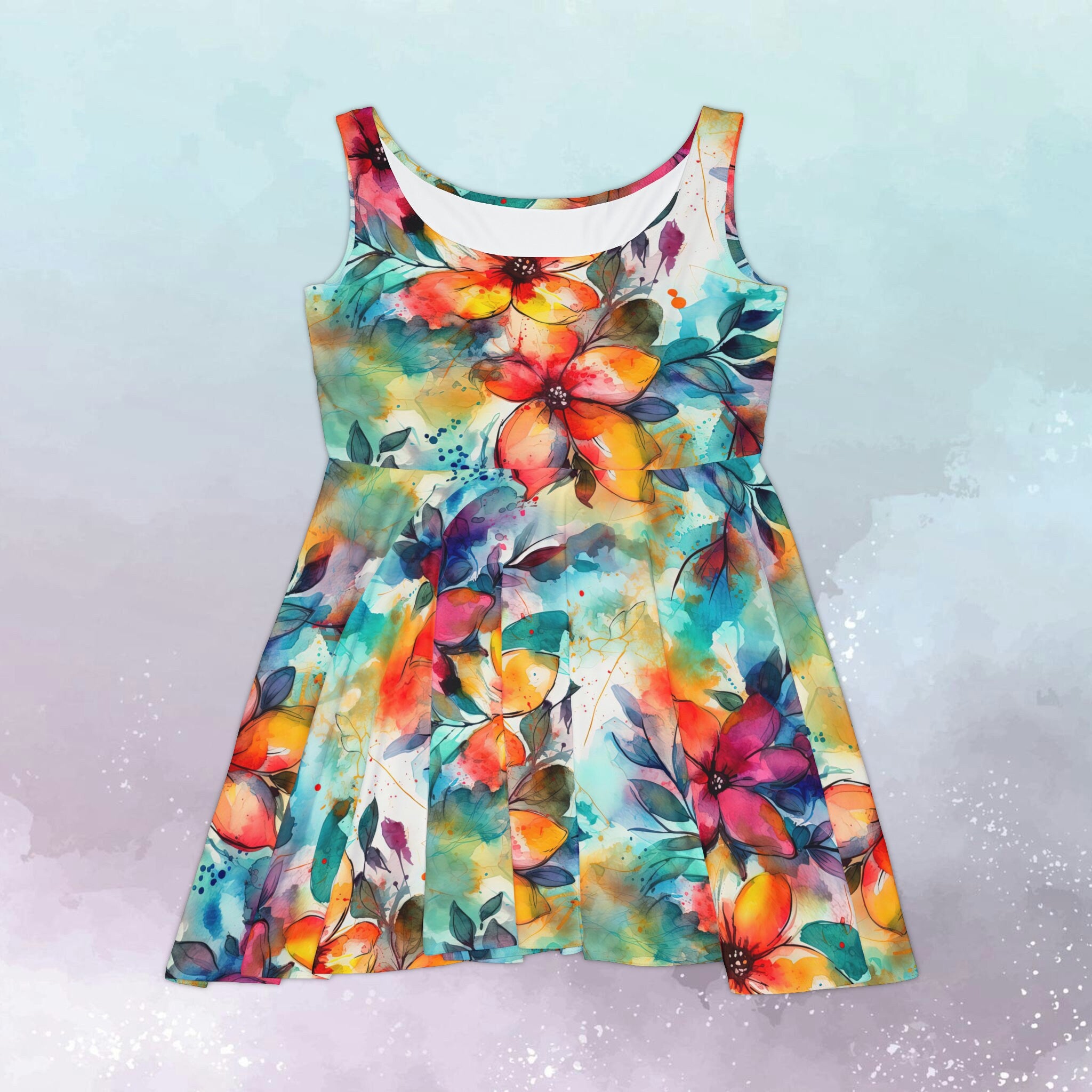 Women's Skater Dress (AOP) Vibrant Floral Blue Orange Yellow