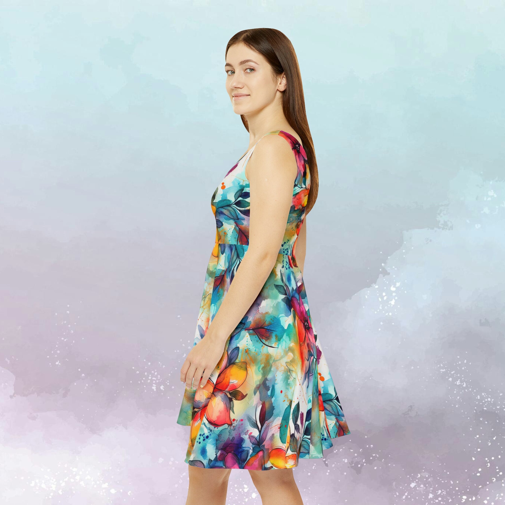 Women's Skater Dress (AOP) Vibrant Floral Blue Orange Yellow