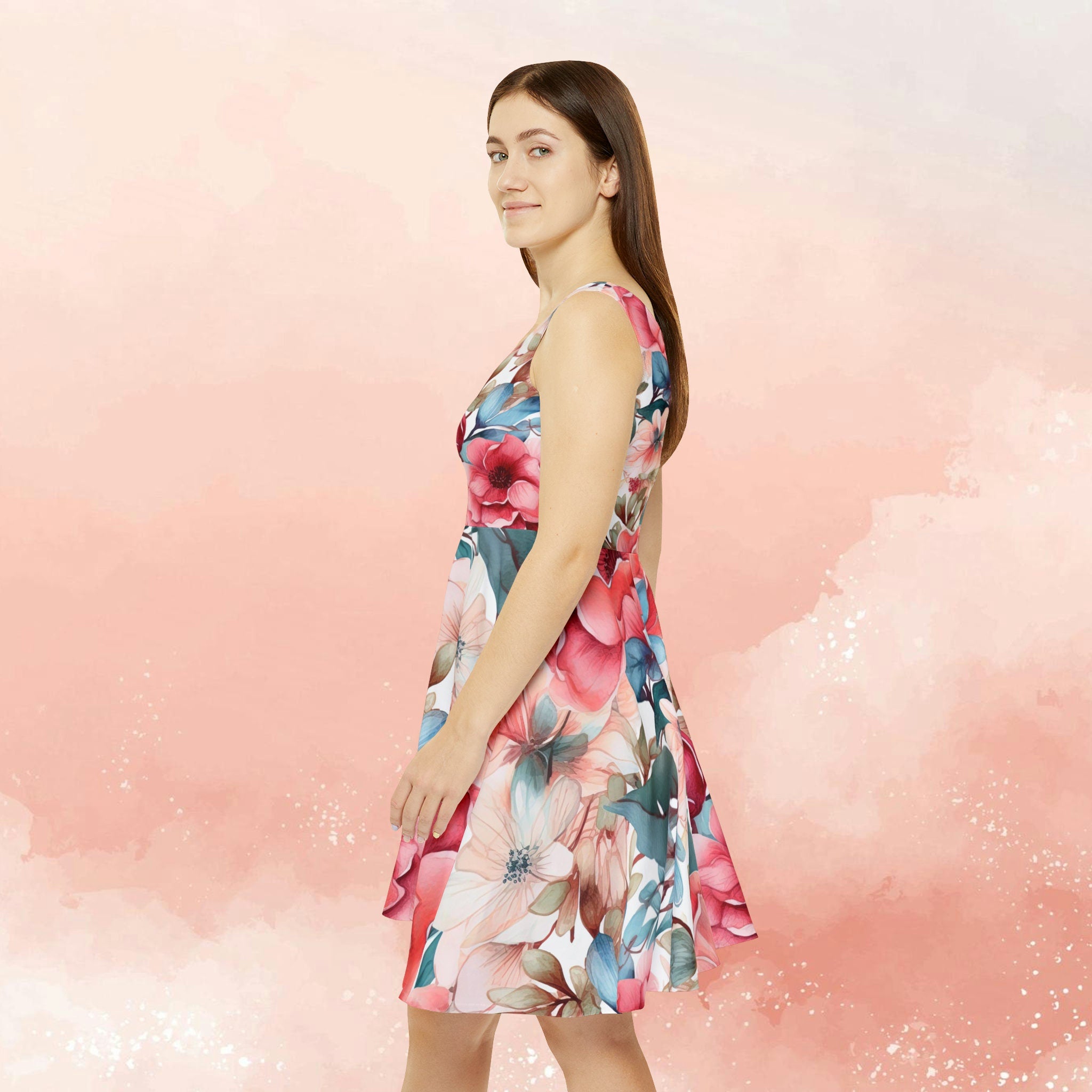 Woman's Elegant Polyester Spandex Skater Dress with Lovely Floral Design