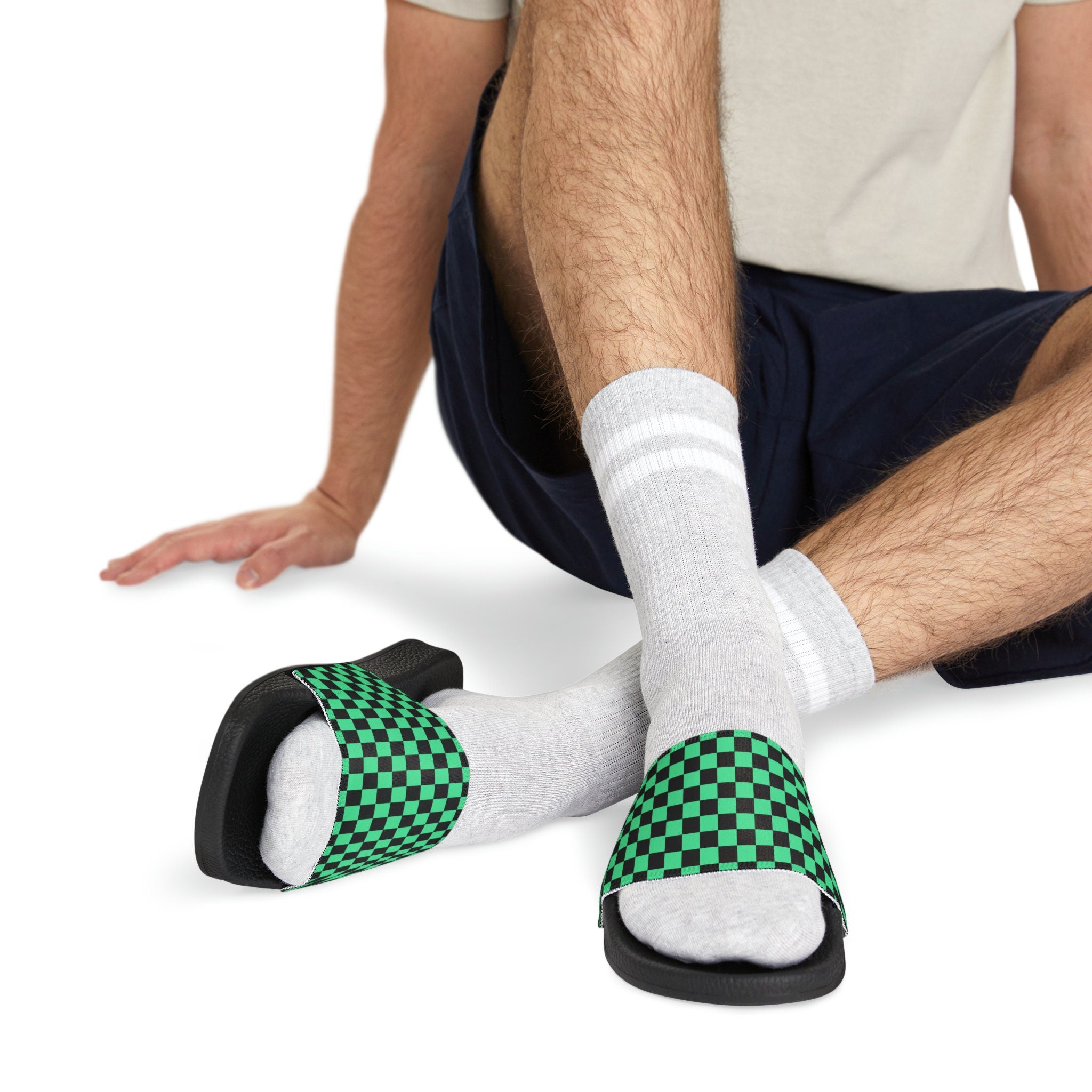 Men's Iconic Green Black Checkerboard PU Slide Sandals