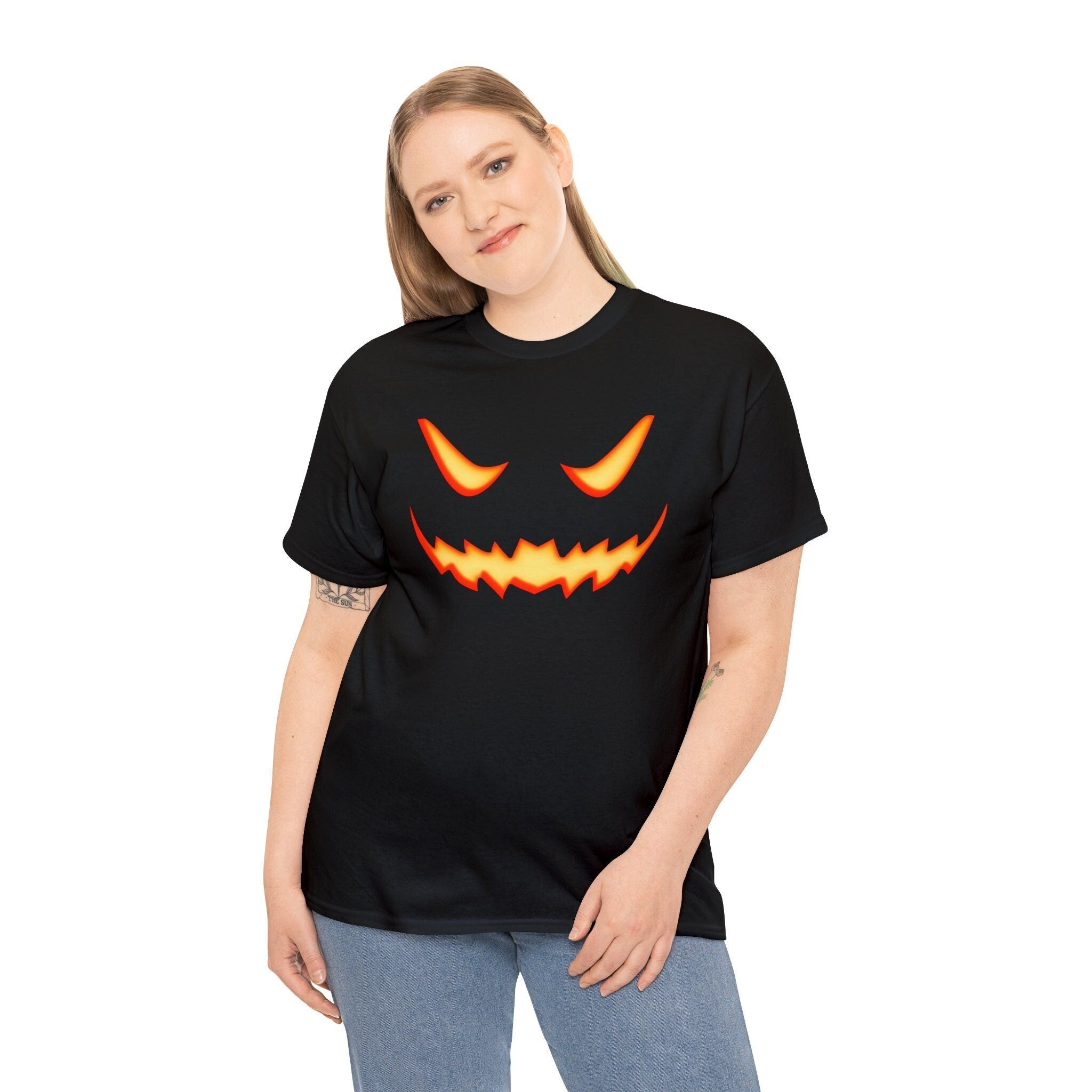 Scary Jack O Lantern Face Halloween Unisex Heavy Cotton Tee
