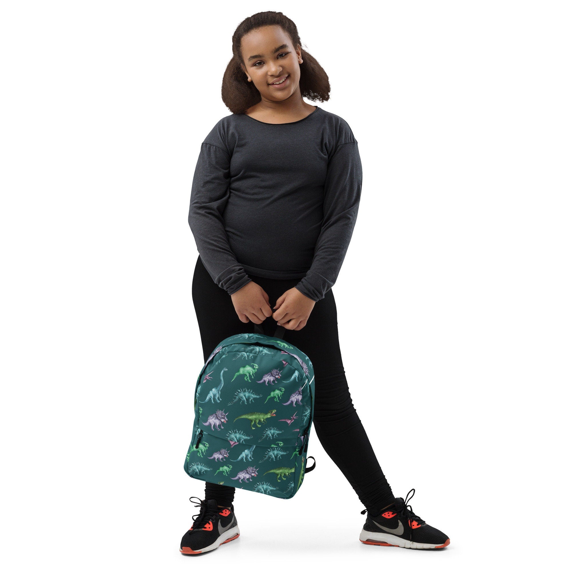 School Backpack with Cool Green Dinosaur Design