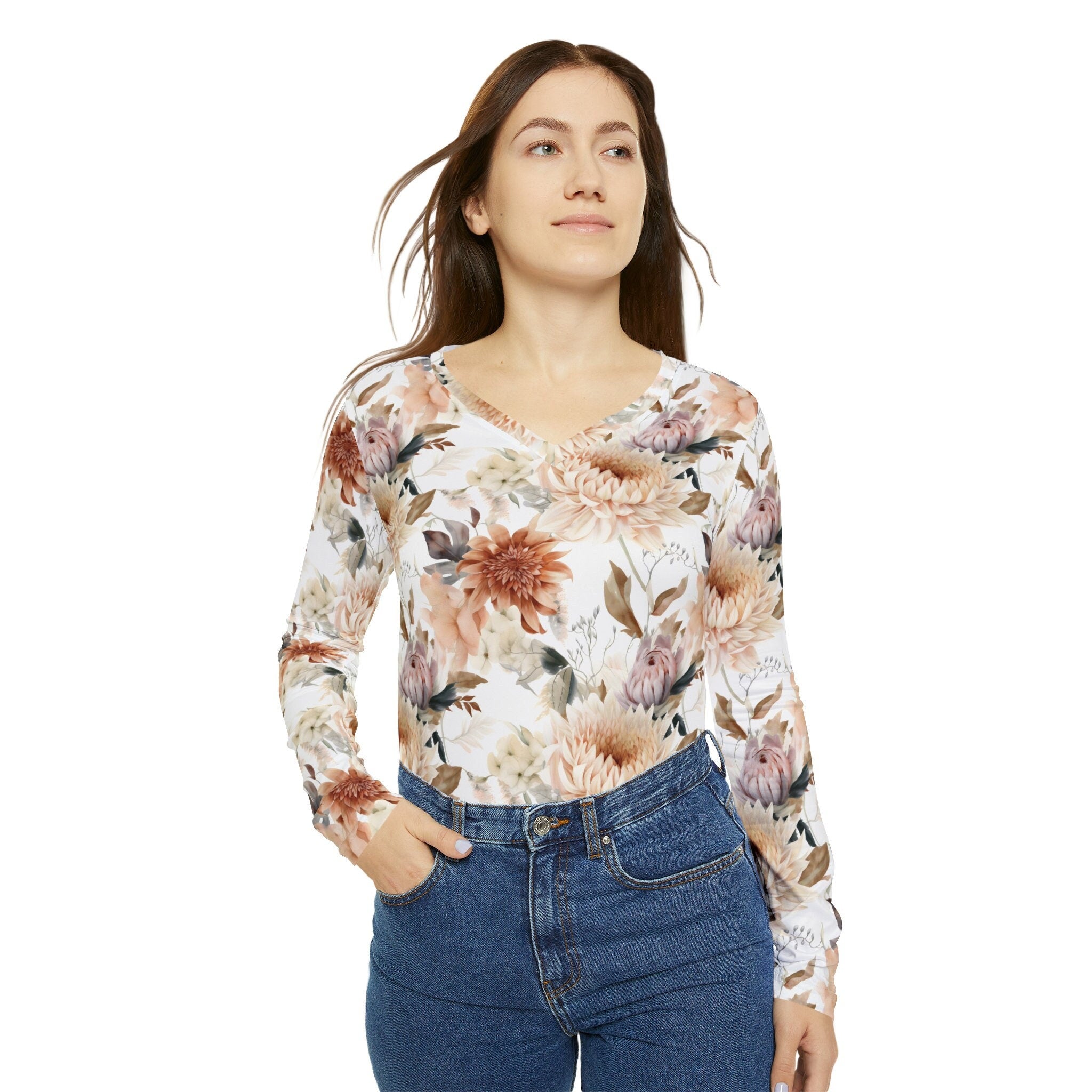 Lovely Fall Floral Women's Long Sleeve V-neck Shirt (AOP)