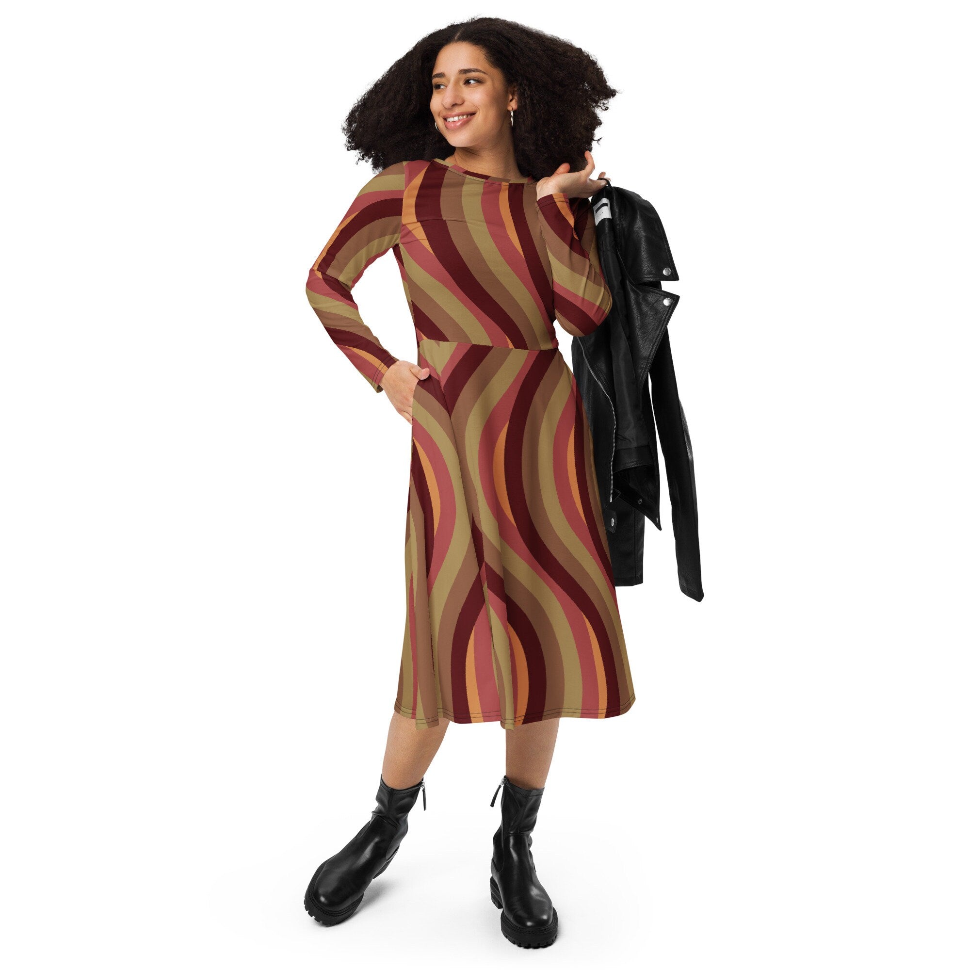 Beautiful Fall All-over print long sleeve midi dress