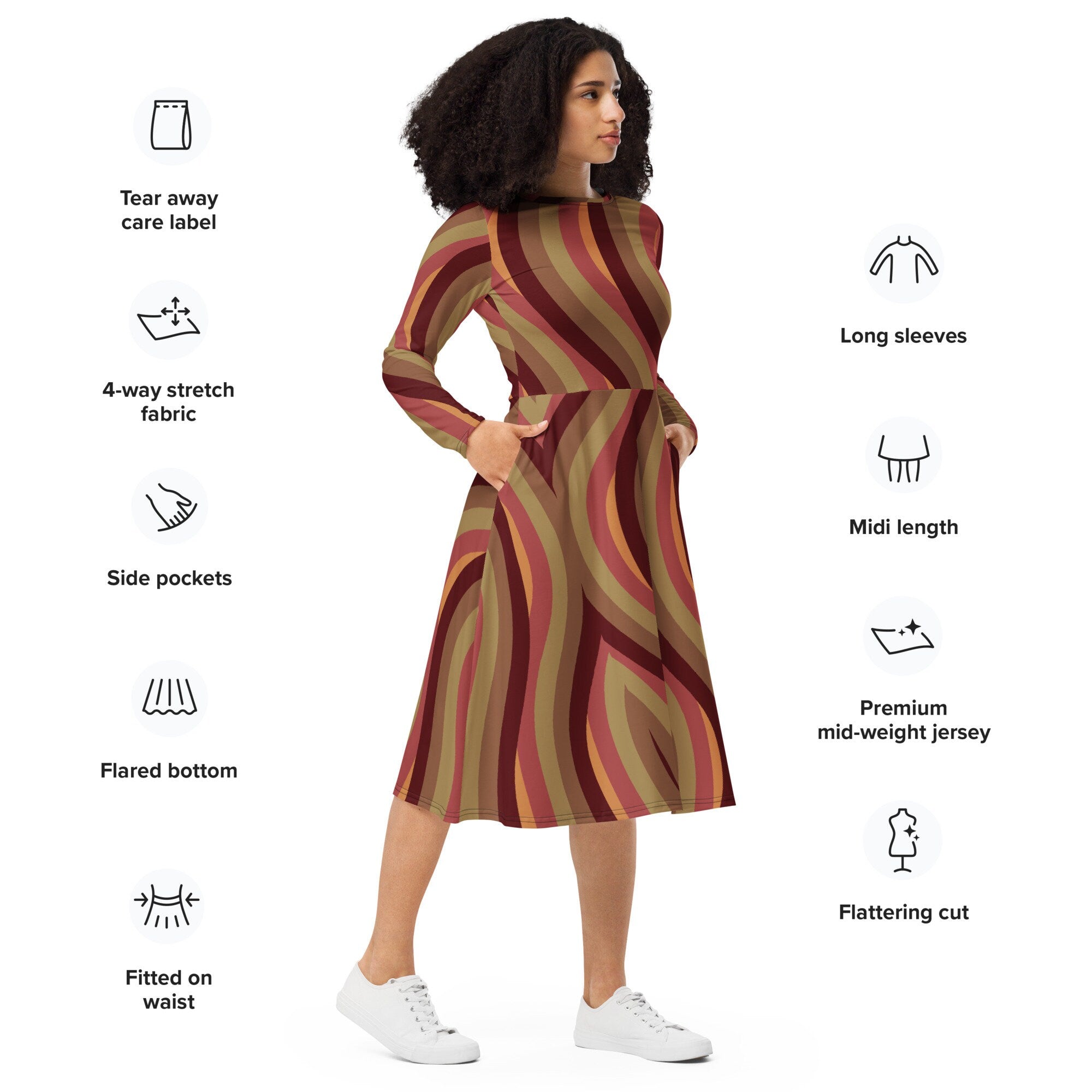 Beautiful Fall All-over print long sleeve midi dress