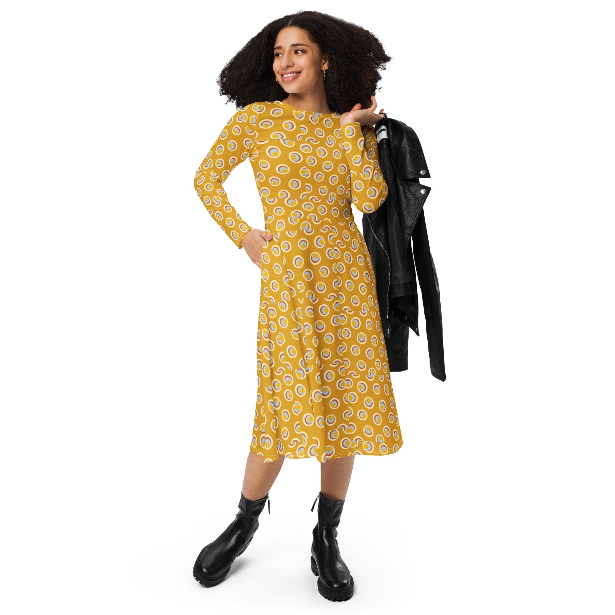 Fun Geometric All-over print long sleeve midi dress
