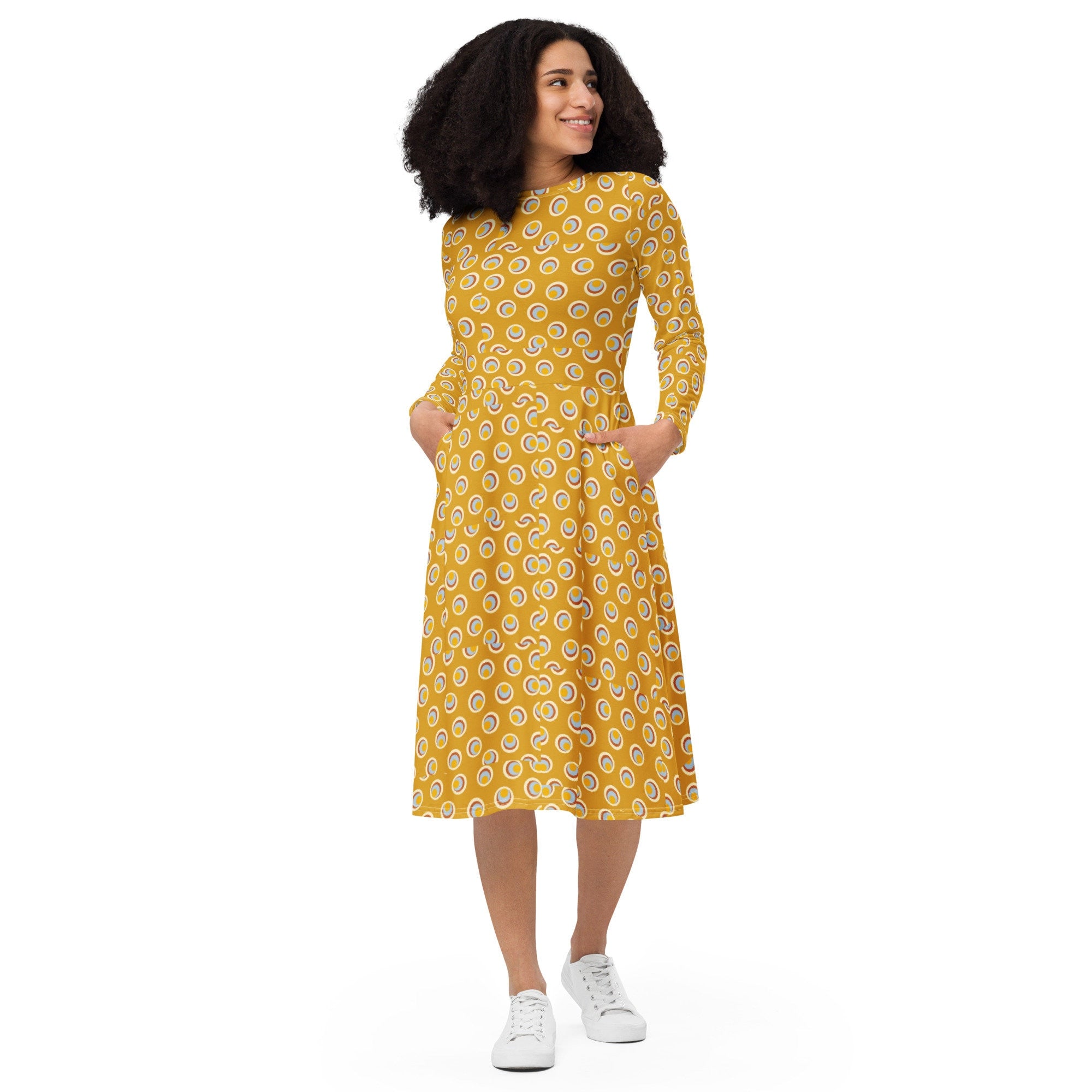 Fun Geometric All-over print long sleeve midi dress