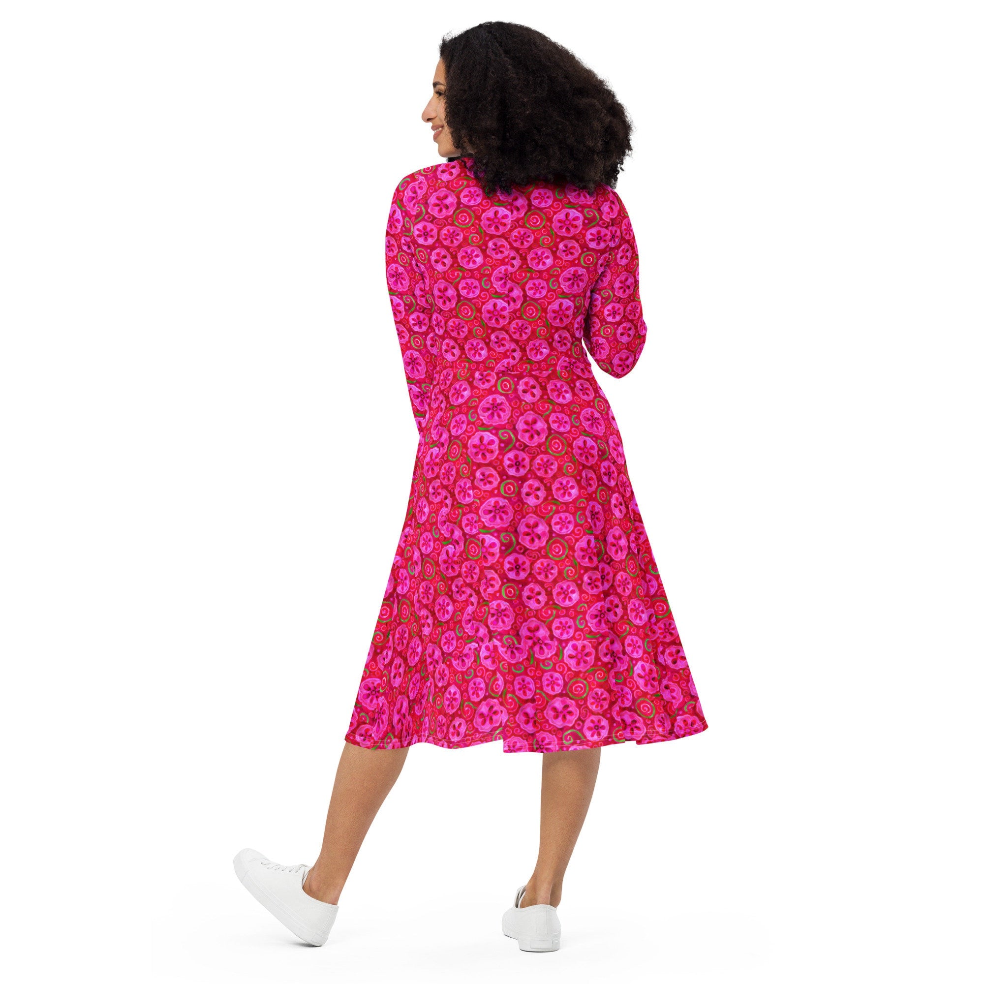 Pretty Pink All-over print long sleeve midi dress