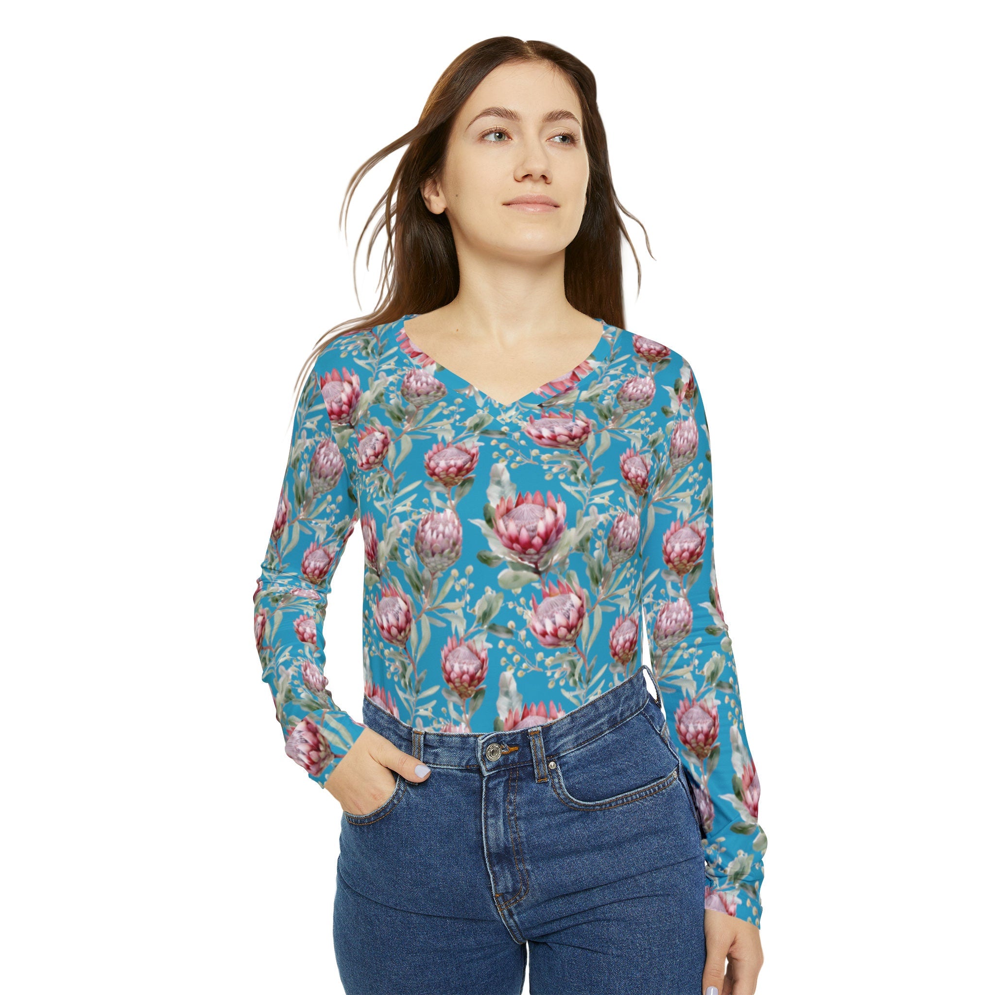 Beautiful Floral Women's Long Sleeve V-neck Shirt (AOP)