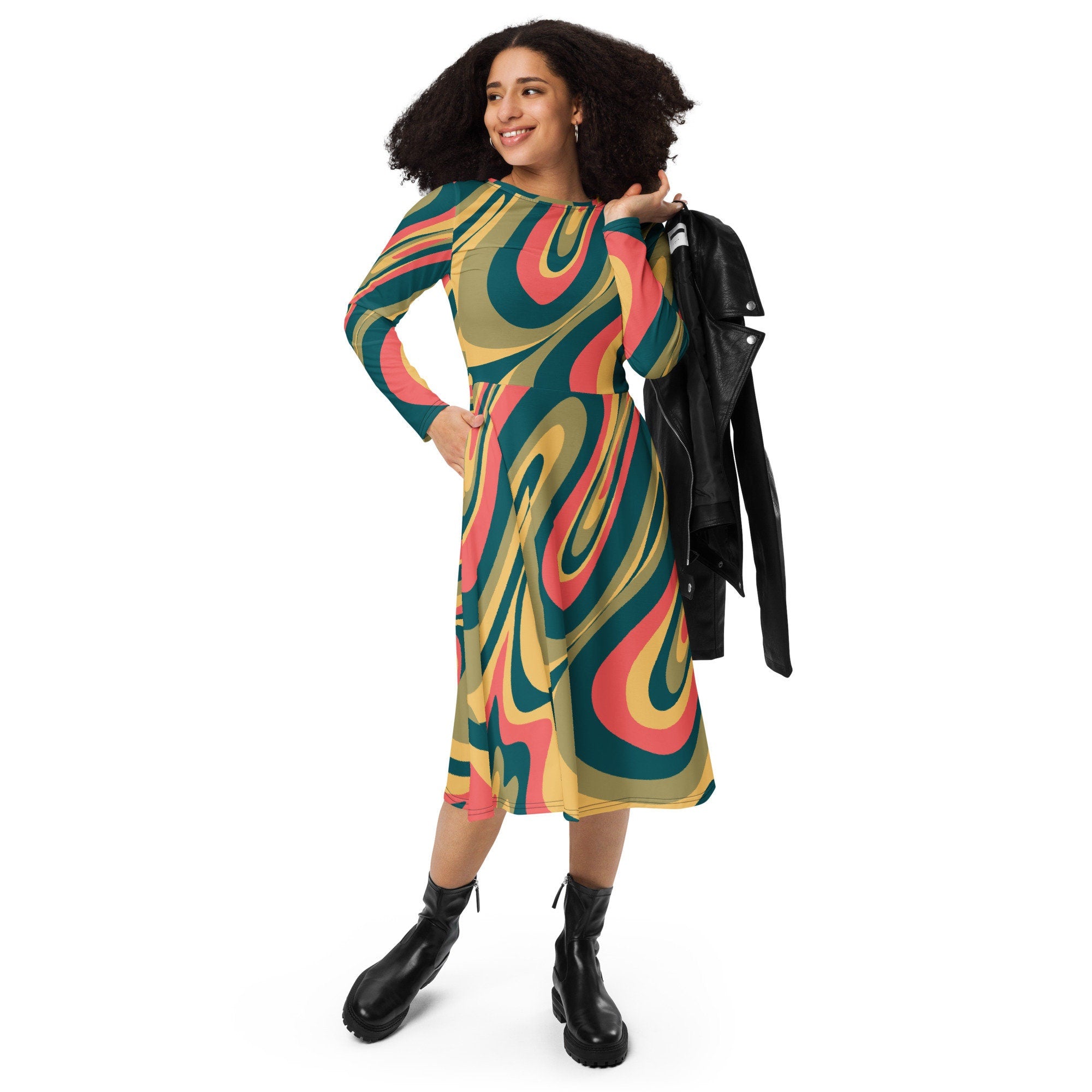 Groovy All-over print long sleeve midi dress