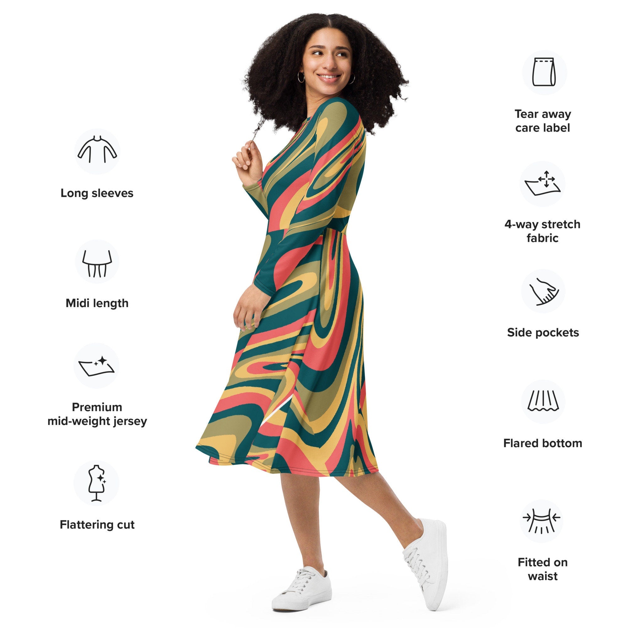 Groovy All-over print long sleeve midi dress