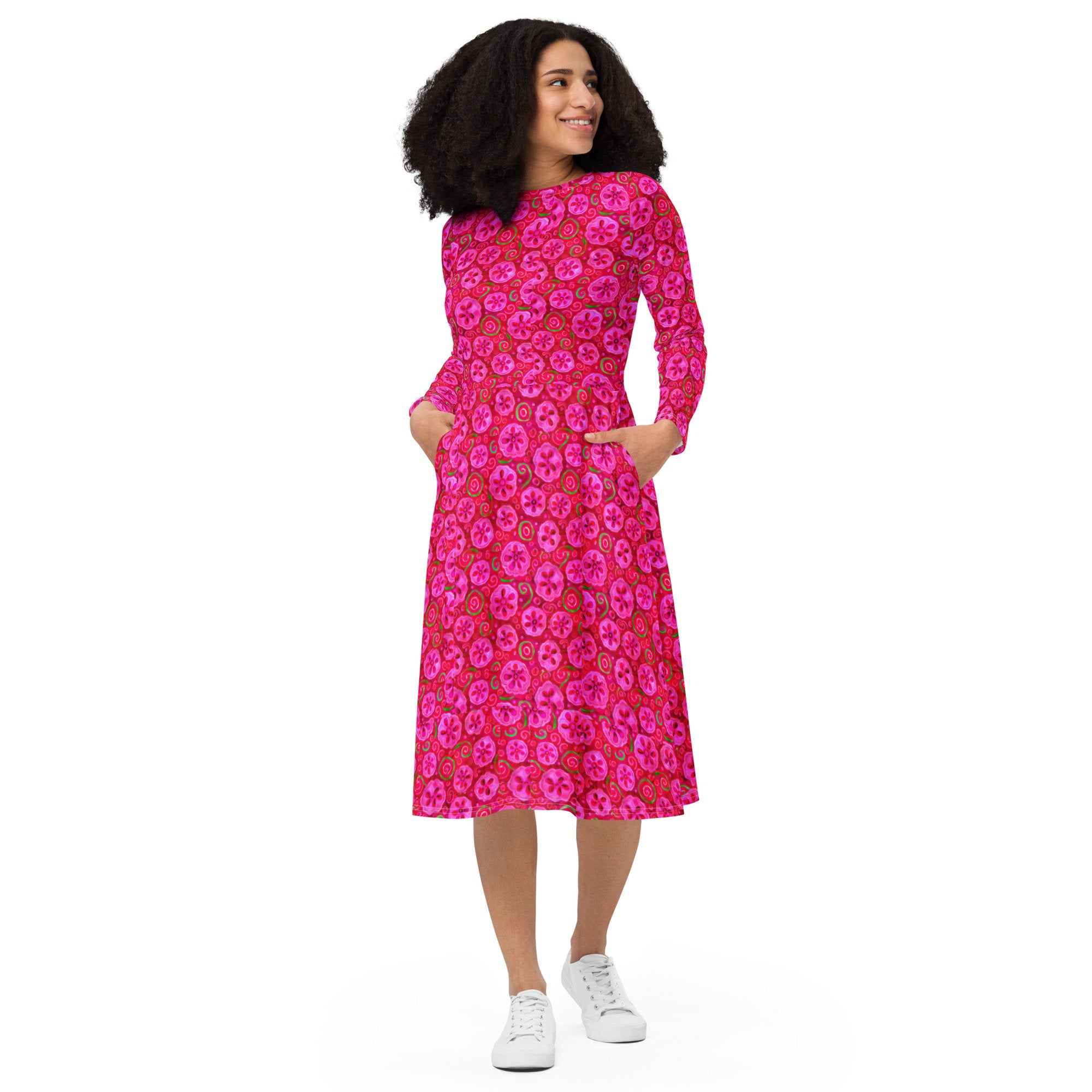 Pretty Pink All-over print long sleeve midi dress