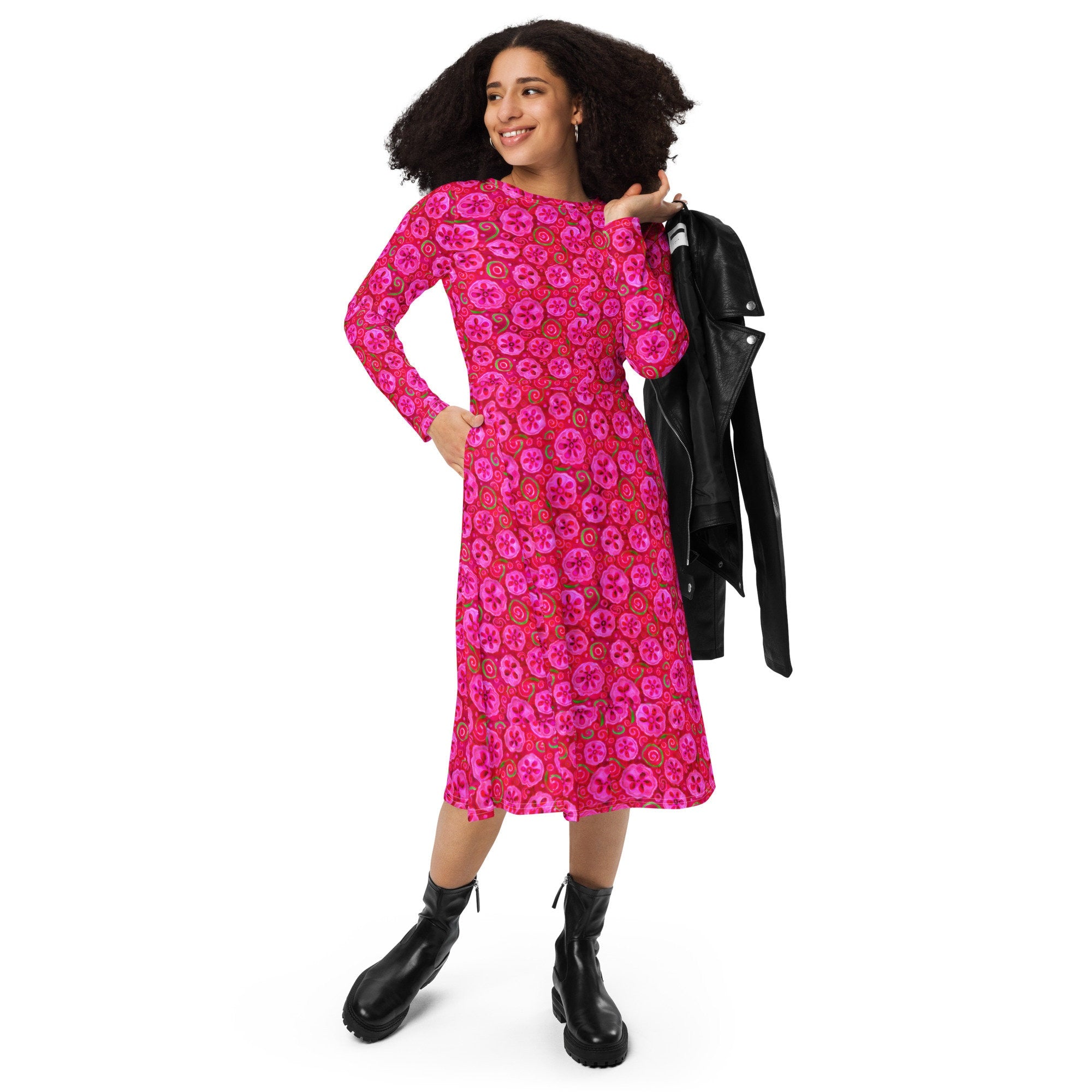 Pretty Pink All-over print long sleeve midi dress