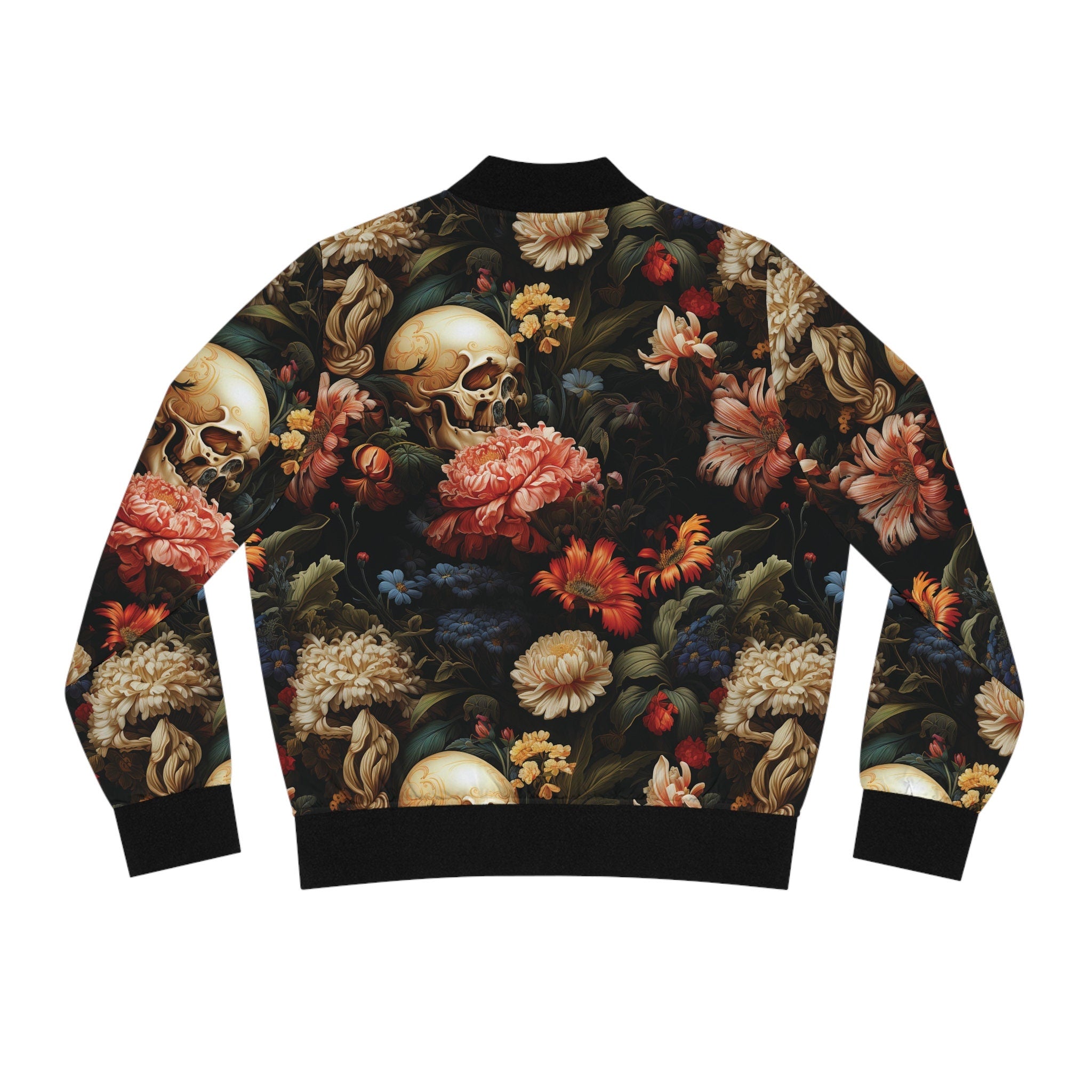 Women's Polyester Bomber Jacket with Cool Floral Skull Design