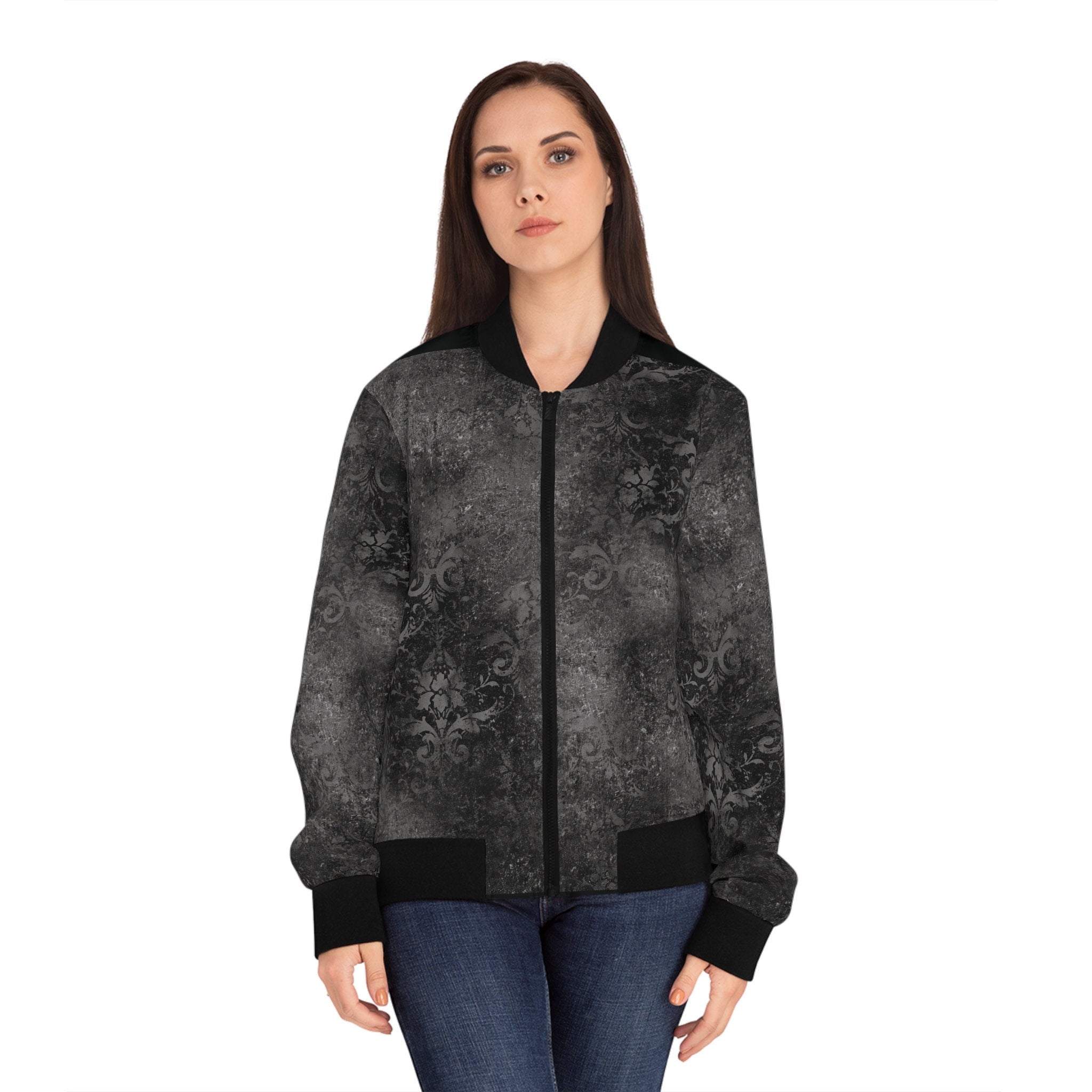 Women's Bomber Jacket  Cool Black Distressed Design (AOP)