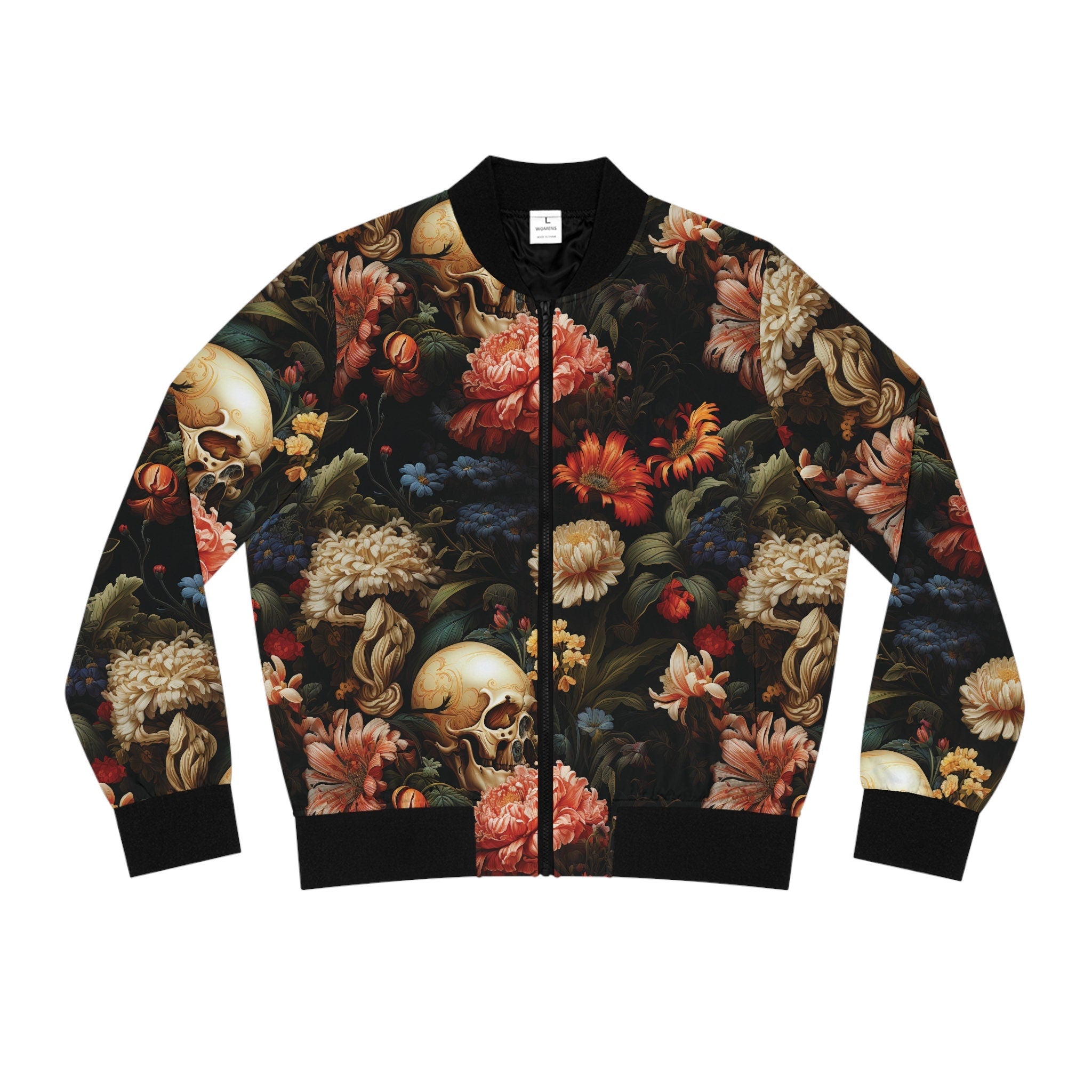 Women's Polyester Bomber Jacket with Cool Floral Skull Design