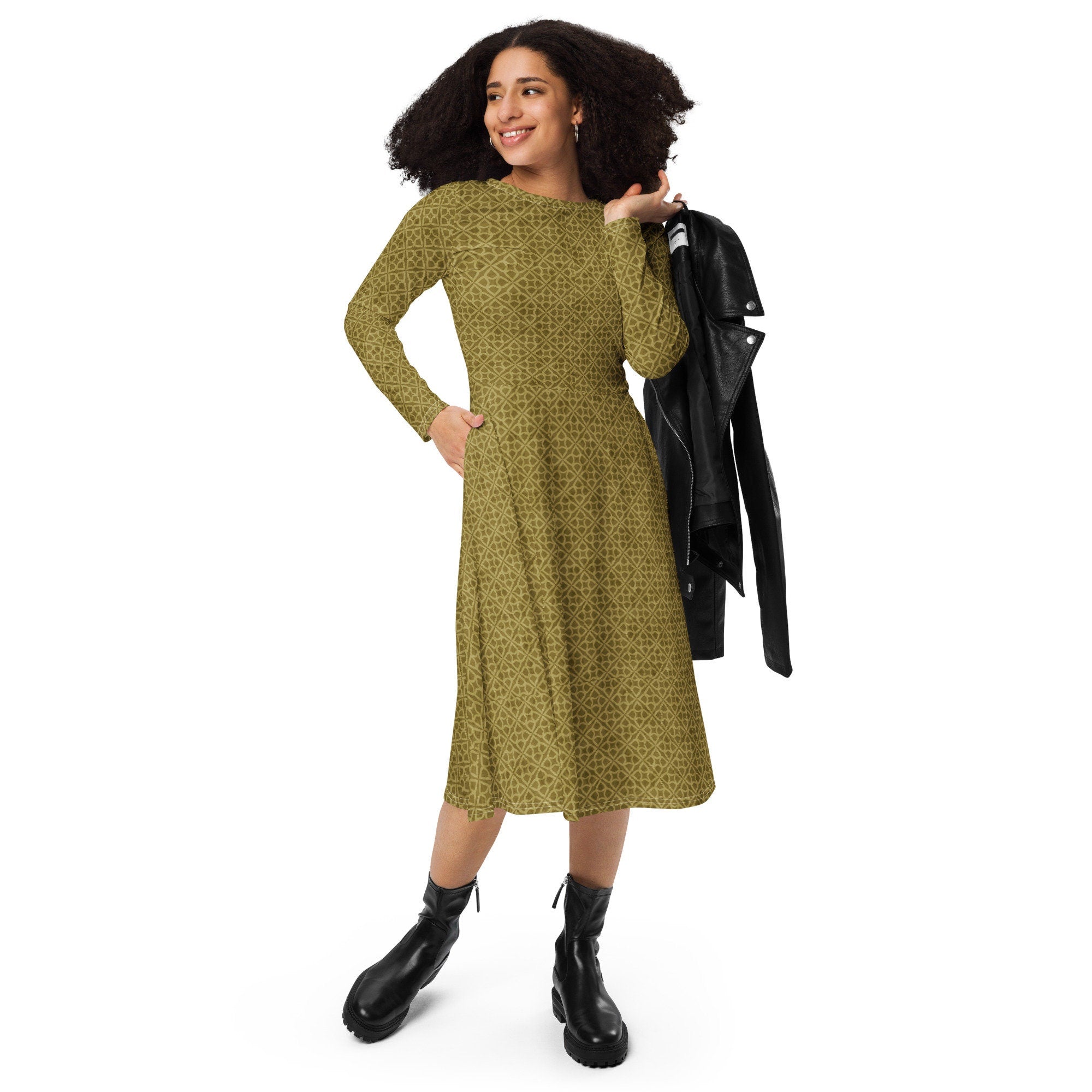 Geometric All-over print long sleeve jersey midi dress