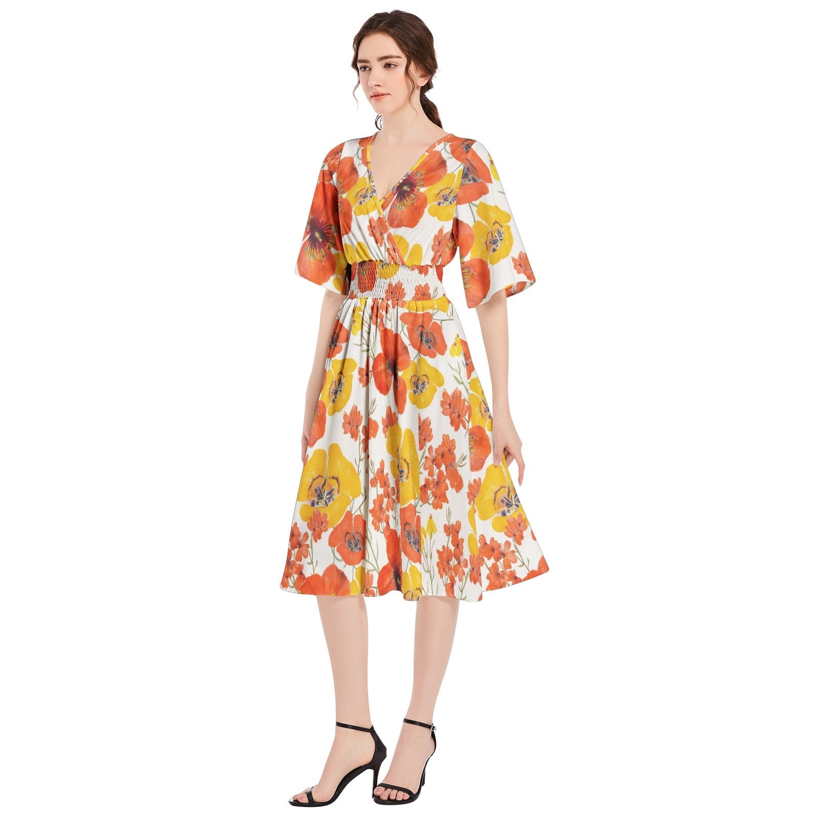 CV2 Boutique Beautiful Floral Butterfly Sleeve Shirred High Waist A Line Midi Dress