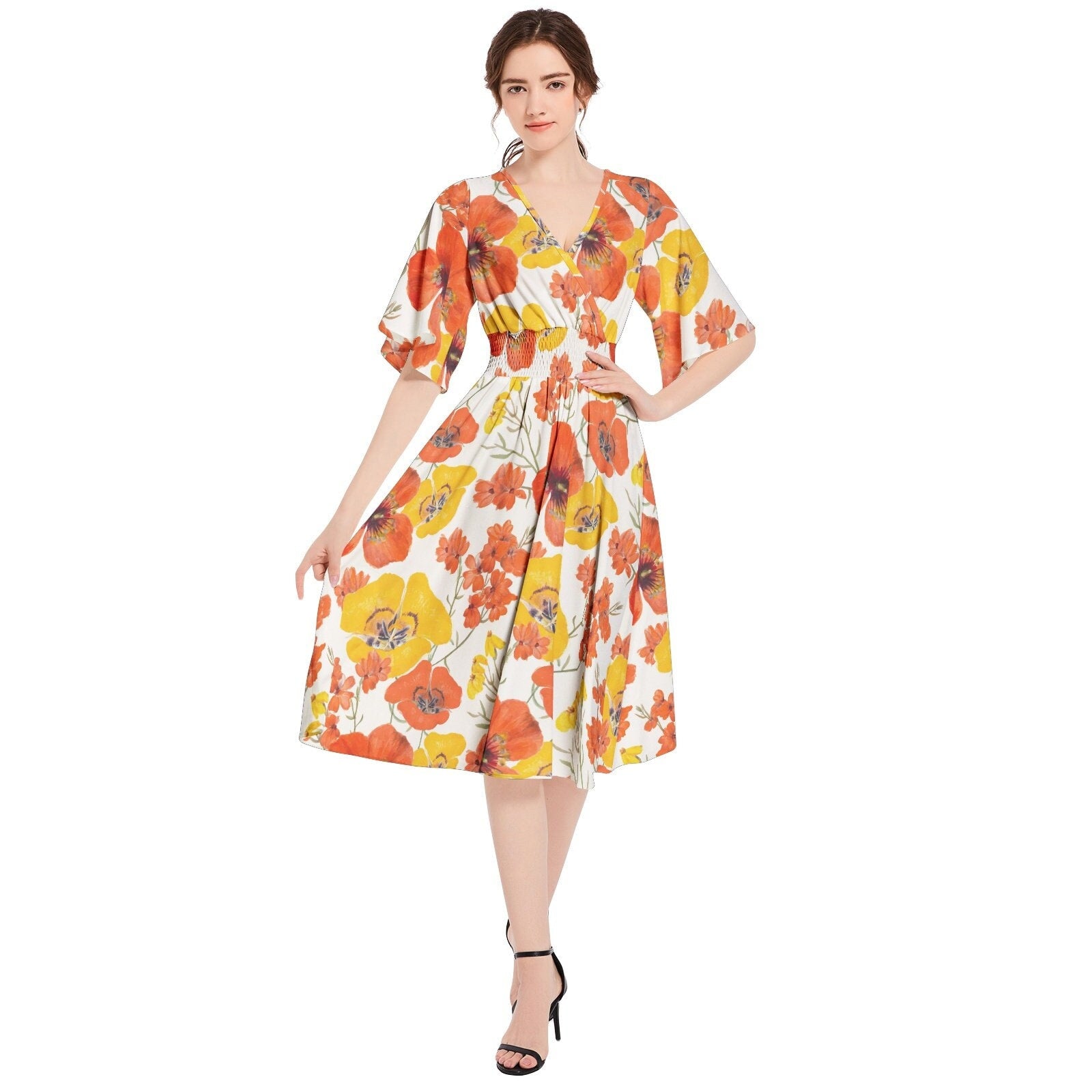 CV2 Boutique Beautiful Floral Butterfly Sleeve Shirred High Waist A Line Midi Dress