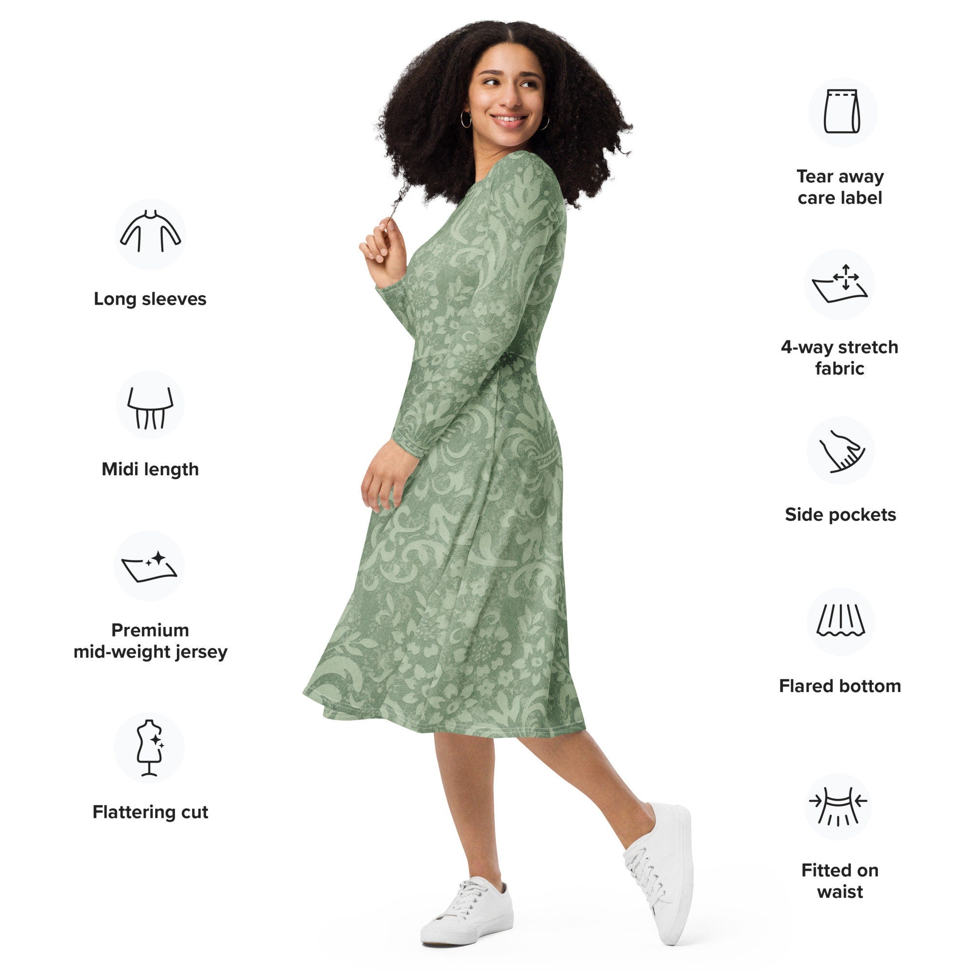 Festive Green  Holiday All-over Print Long Sleeve Midi Dress